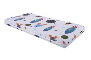 Saltea cu memorie Somnart Memory 60×120, înălțime 10 cm, pentru bebeluși și copii, husă impermeabilă, fermitate medie, model rachete