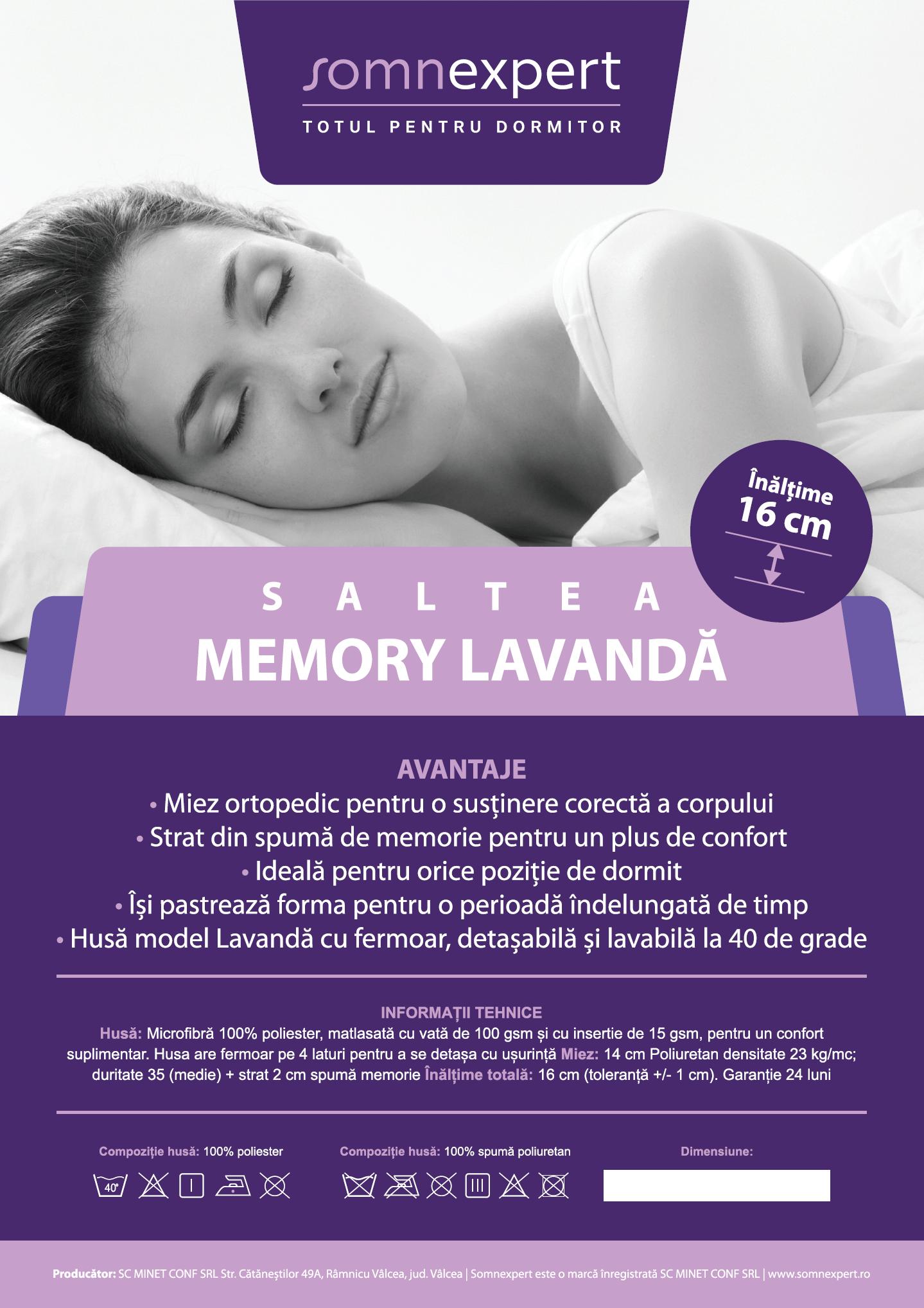 Saltea cu memorie Somnexpert Lavanda 160×200, înălțime 16 cm, ortopedică, husă tratată cu lavandă, lavabilă, cu fermoar, rulată, fermitate medie Saltea cu memorie Somnexpert Lavanda 160×200, înălțime 16 cm, ortopedică, husă tratată cu lavandă, lavabilă, cu fermoar, rulată, fermitate medie