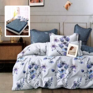 Lenjerie de pat finet 6 piese, cearceaf pat cu elastic, cearceaf pilota 200×230, 2 fete perna 50×70, 2 fete perna 70×70, Extra, Floricele Mov