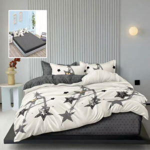 Lenjerie de pat finet 6 piese, cearceaf pat cu elastic, cearceaf pilota 200×230, 2 fete perna 50×70, 2 fete perna 70×70, Extra, Stelute